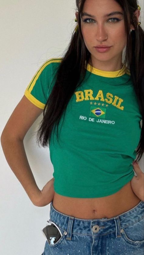 Brazil T Shirt, Brazil Shirt, Brazilian Flag, Tshirt Outfit, Shotting Photo, Crop Top Dress, Stripe Top, Sporty Outfits, Tshirt Outfits