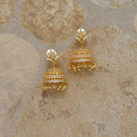 Small Jimiki Kammal Design Gold, Gold Plated Jhumkas With Stone Work For Wedding, White Stone Jhumkas Gold, Formal Gold Jhumkas With Stone Work, Gold Stone Work Jhumkas, Gold Stone Work Dangle Jhumkas, Gold Earrings For Kids, Beaded Wedding Jewelry, Gold Jhumka