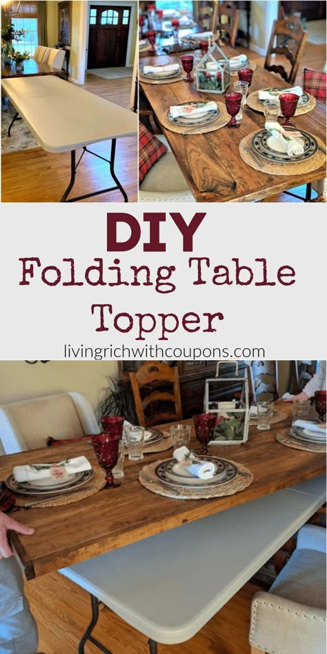 Wood Working Table Diy, Farm Table Topper, New Dining Table Top Diy, Plastic Table Wedding Decor, Fold Up Tables, Diy Outdoor Folding Table, Wooden Top For Folding Table, How To Make Your Dining Table Bigger, Wood Table Topper