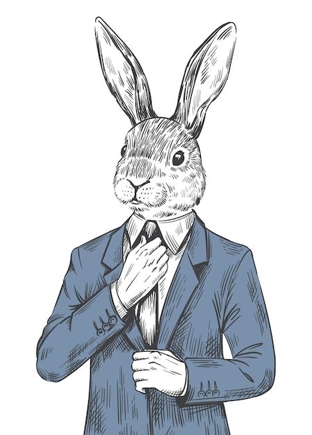 Vector rabbit in suit engraved human bun... | Premium Vector #Freepik #vector #hare #rabbit-cartoon #cartoon-sketch #cartoon-bunny Rabbit Head Drawing, Tuxedo With Tie, Illustration Rabbit, Easter Hare, Office Cartoon, Hare Rabbit, Sketch Cartoon, Cartoon Sketch, Base Drawing