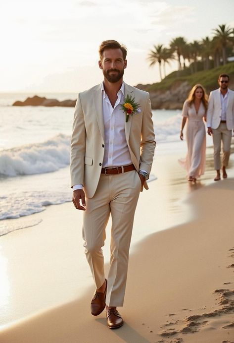 Groomsmen Attire Destination Wedding, Casual Beach Wedding Mens Attire, Simple Groom Attire Casual, Father Of The Bride Attire Beach Wedding, Grooms Beach Wedding Attire, Beach Wedding Men’s Outfit, Groom Summer Wedding Attire, Sage Green Beach Wedding, Groom Beach Wedding Attire