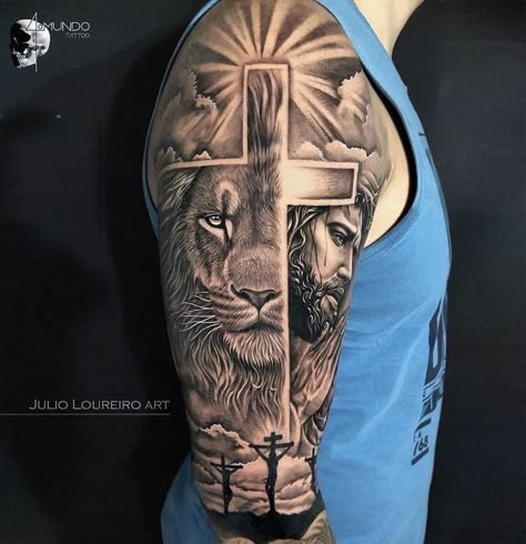 Lion And Cross Tattoo, Vel Tattoo, Jesus Hand Tattoo, Jesus Tattoo Sleeve, Stammestattoo Designs, Legs Tattoo, Tattoos With Deep Meaning, Praying Hands Tattoo, Biblical Tattoos