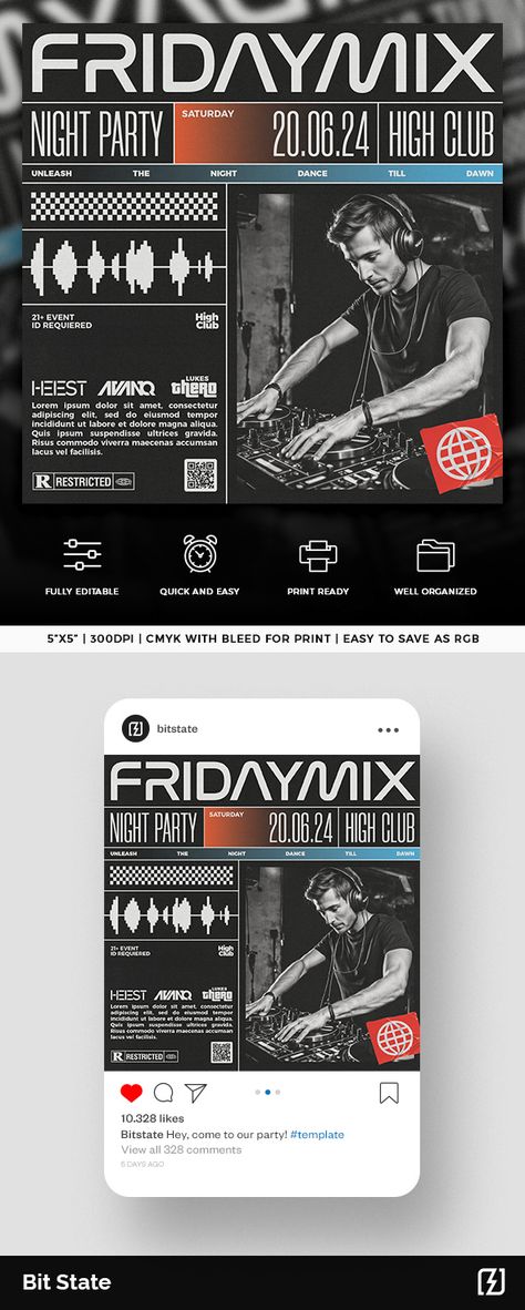 DJ Night Club Flyer/Social Media Post Template in PSD Nightclub Flyer, Night Club Flyer, Dj Flyer, Dj Night, Social Media Post Template, Club Flyers, Simple Prints, Post Templates, Party Night