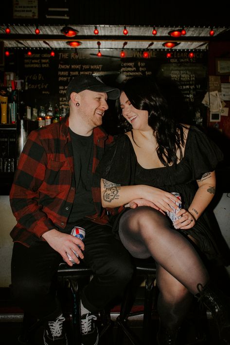 bar engagement photos Punk Rock Engagement Photos, Couples Bar Photoshoot, Punk Engagement Photos, Couples Arcade, Dive Bar Engagement Photos, Alternative Engagement Photos, Engagement Vibes, Bar Engagement Photos, Engagement Shoots Poses