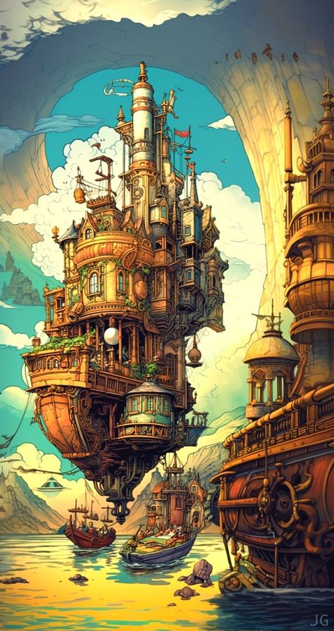 Steampunk fantasy world art, fantasy poster art, Studio Ghibli style art, anime fantasy art, cool amazing fantasy illustration, Groucho on Midjourney, Jeramondo Studio Ghibli Steampunk, Steampunk Fantasy World, Character Art Steampunk, Fantasy Shop Concept Art, Steampunk City Art, Steampunk Cities, Steampunk Scenery, Steampunk Art Illustration, Steampunk Landscape