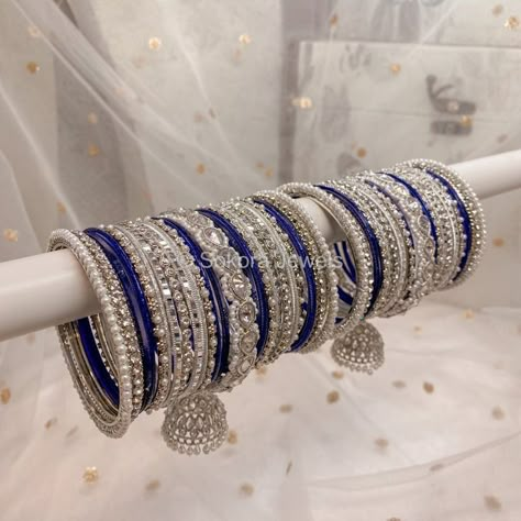 Navy Blue Bangles Set, Blue Bangles Set, Jhumka Bangles, Bridal Bangle Set, Silver Jewelry Indian, Blue Bangles, Navy Blue Jewelry, Silver Indian Jewelry, Blue Jewelry Set