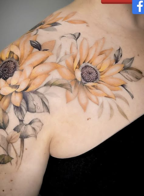 Yellow Watercolor Tattoo, Sunflower Colour Tattoo, Sunflower And Hummingbird Tattoo Sleeve, Sunflower Pumpkin Tattoo, Colourful Sunflower Tattoo, Realistic Sunflower Tattoo, Pastel Sunflower Tattoo, Floral Upper Arm Tattoo, Sunflower Shoulder Tattoo