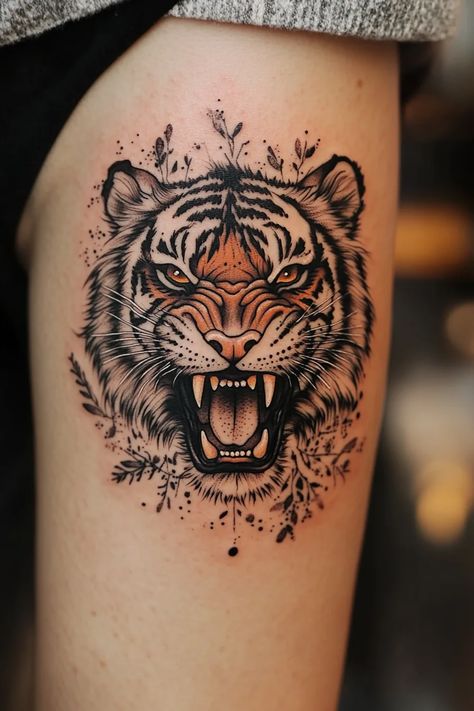 Tiger Tattoo Ideas 28 Wild Animals Tattoo Ideas, Tiger Ankle Tattoo, Lion Roar Tattoo, Unique Tiger Tattoo, Tiger Tattoos For Women, Arm Tattoos Tiger, Lion Tattoo With Flowers, Tiger Tattoo Thigh, Tiger Tattoo Ideas