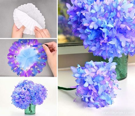 Coffee Filter Hydrangeas, Flower Party Favors, Spring Crafts For Preschoolers, Coffee Filter Flowers Diy, Flower Cake Decorations, Crafts For Preschoolers, Fun Summer Crafts, Diy Paper Flowers, Coffee Filter Crafts