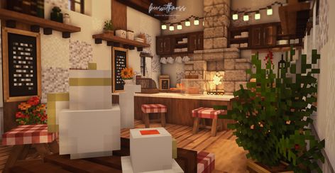 Cafe Interior Design Minecraft, Minecraft Shop Ideas Interior, Minecraft Coffee Shop Ideas, Minecraft Coffee Shop Interior, Minecraft Cafe Aesthetic, Cafe Interior Minecraft, Minecraft Bar Ideas, Minecraft Shop Interior, Minecraft Cafe Interior