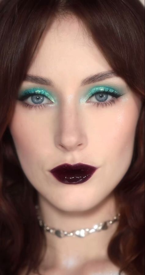 Mermaid Makeup Aesthetic, Teal Makeup Looks, Teal Eyeshadow Looks, Katie Herron, Teal Eye Makeup, Unique Facial Features, Mermaid Eye Makeup, Turquoise Makeup, Dark Lip Makeup