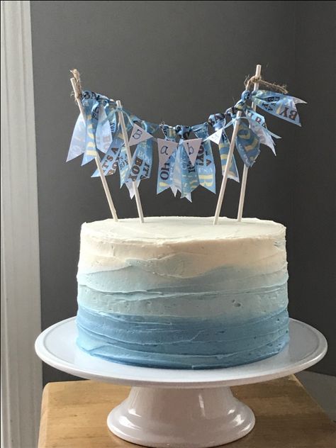 Simple boy baby shower cake with blue ombré and double ribbon banner. Baby Shower Kuchen, Gateau Baby Shower Garcon, Simple Baby Shower Cake, Baby Shower Sheet Cakes, Baby Shower Cupcakes For Boy, Baby Shower Cake Designs, Cupcakes For Boys, Baby Shower Cakes For Boys, Trendy Baby Shower Ideas