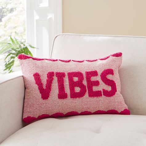 Modern design. Zip to secure inserted filling. Filled with recycled polyester. Machine Washable Bring good vibes into your space with our bright slogan cushion! Modern design, secure zip for filling, and filled with recycled polyester – this 30x50 stunner checks all the boxes. The removable cover, made from recycled materials, is a cherry on top. And yes, it's machine washable! | Dunelm Vibes Bright Slogan Cushion, Boho, Pink, Fuschia with Grape, Cotton Preppy Home Decor, Preppy Home, 2024 Living Room, New Preppy, Reindeer Lights, Teal Cushions, Lounge Sofas, Preppy Bedroom, My Bedroom Ideas