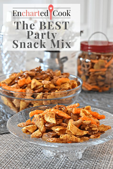 Ultimate Party Snack Mix | Encharted Cook Chip Mix Party, Savory Check Mix Recipes, Bugle Mix Recipe, Salty Snack For Party, Party Mix With Bugles, Party Mix Recipe Worcestershire Sauce, Chex Mix Recipes With Bugles, Bar Mix Snack, Cereal Mix Snacks Holiday Parties