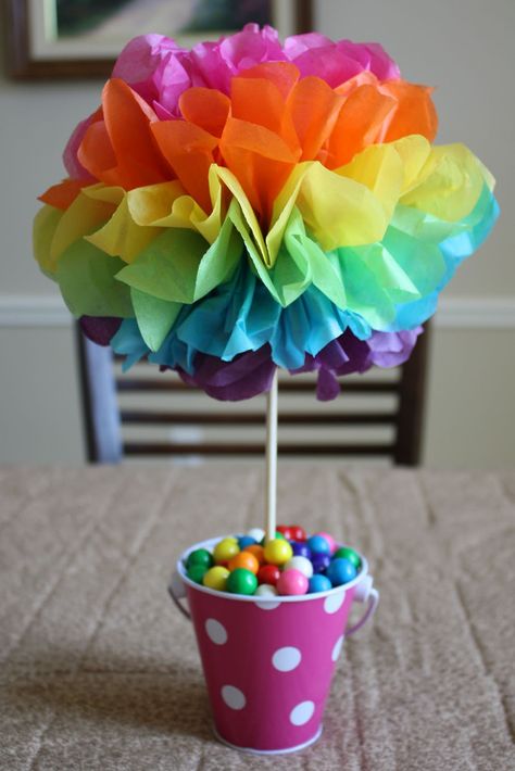 For the girls' birthday party I used pinterest quite a bit!  One of the popular pins is making your own tissue paper pom poms.  It's supper ... Rainbow Baby Shower Theme, Rainbow Centerpiece, Perlengkapan Bayi Diy, Rainbow Pinata, Diy Baby Shower Centerpieces, Trolls Birthday Party, Diy Baby Shower Decorations, Tissue Paper Pom Poms, Paper Pom Poms