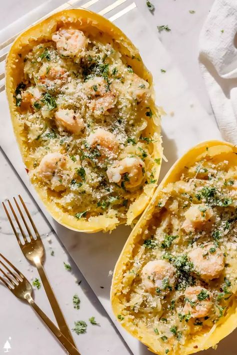 Freezing Spaghetti Squash, Spaghetti Squash Shrimp, Parmesan Spaghetti Squash, Shrimp Spaghetti, Avocado Deviled Eggs, Juicy Shrimp, Pine Kitchen, Spaghetti Squash Recipes, Lemon Butter Sauce