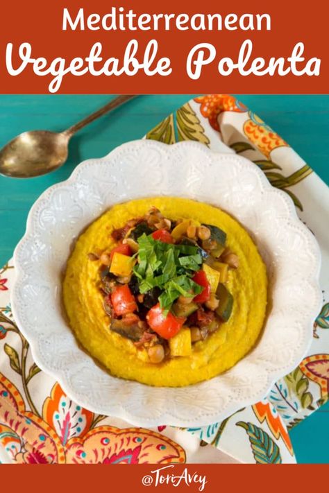 Mediterranean Vegetable Polenta Recipe – Heart-Healthy, Satisfying Vegan Entree with Creamy Turmeric Polenta and a Flavorful Vegetable Ragout .  A hearty dairy free dinner for those cold fall days.  #polenta #veganentree #diaryfree Polenta Vegan, Vegan Entree Recipes, Vegan Dinner Party, Polenta Recipe, Polenta Recipes, Flavorful Vegetables, Vegan Entree, Gourmet Vegan, Kosher Recipes