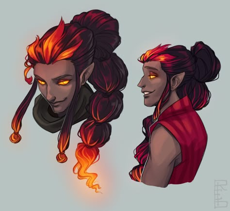 Hair That Looks Like Fire, Flame Hair Character Design, Hair Color Character Design, Fire Hair Character, Fire People Art, Fire Hair Oc, Fire Genasi Bard, Fire Elemental Character Design, Fire Character Art