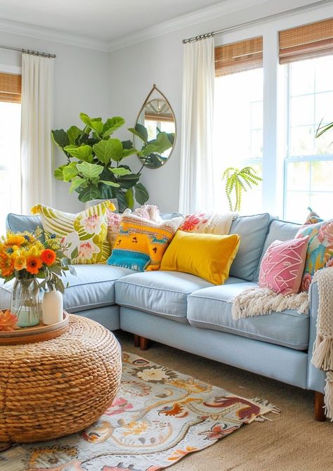 Home Inspiration Colorful, Bright Happy Home Decor, Colorful Coastal Aesthetic, Simple Colorful Living Room, Summer Home Decor Living Room, Colorful Coastal Living Room, Colorful Basement Ideas, Summer Decorating Ideas For The Home, Light Blue Couch Living Room Ideas