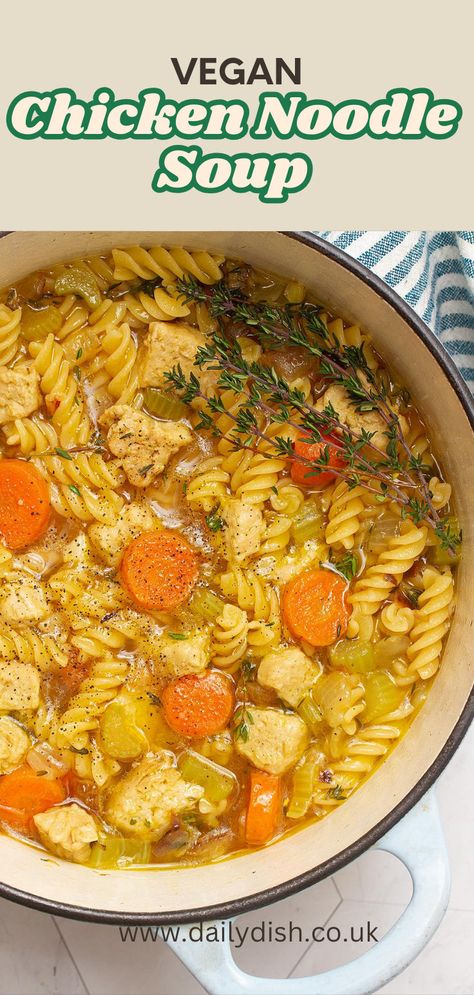 Vegan Chicken Noodle Soup Vegan Chicken And Rice Soup, Plant Based Chicken Noodle Soup, Vegan Chicken Noodle Soup Soy Curls, Vegan Soups For Sick Days, Vegan Healing Recipes, Vegan Soup For Colds, Vegan Chicken Soup, Vegetarian Chicken Noodle Soup, Food For Cold Days