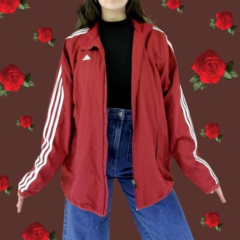 Red and White Adidas Stripe Windbreaker Red Windbreaker Outfit, Adidas Sweater Outfit, Red Adidas Jacket, Win Breaker, Windbreaker Outfit, Red Windbreaker, White Windbreaker, Adidas Sweater, Adidas Windbreaker