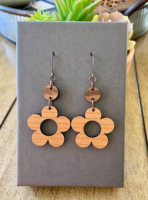 Laser-Cut Spring Flower Wood Earrings | Jillmccp. | JMP Designs Wooden Earring Ideas, Xtool Projects, Laser Cut Bracelet, Laser Cut Wood Jewelry, Laser Engraved Earrings, Wood Jewelery, Laser Cut Wood Earrings, Laser Cut Wood Crafts, Laser Engraved Ideas