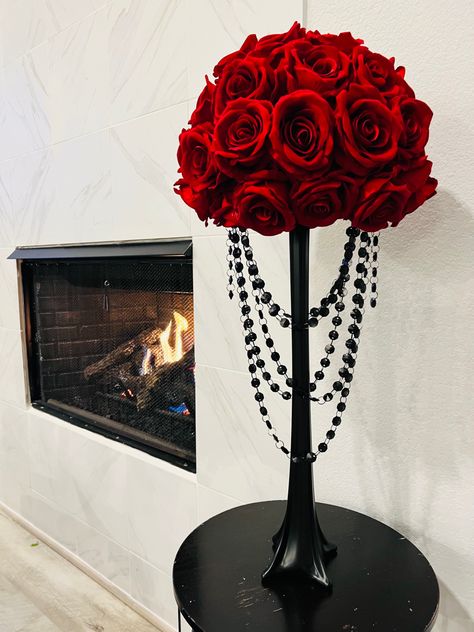 Red And Black Roses Centerpieces, Black Red Centerpiece, Red And Black Centerpieces For Party, Red Black Centerpieces, Black And Red Centerpieces Wedding, Eiffel Tower Vase Centerpieces Ideas, Diy Rose Centerpiece, Red Black And Gold Centerpieces, Roses Centerpieces Ideas