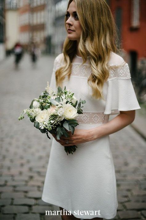 This bride chose a Sandro number that had flouncy sleeves and sheer panels for her wedding day. #weddingideas #wedding #marthstewartwedding #weddingplanning #weddingchecklist Copenhagen Elopement, Doughnut Tower, City Hall Wedding Dress, Alt Bride, Tower Cake, Petite Bride, Short White Dress Wedding, Plain Wedding Dress, Short Wedding Dresses