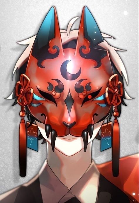 Oc Mask Ideas Drawing, Japanese Kitsune Mask Art, Mask Art Reference, Anime Mask Design Ideas, Anime Character With Mask, Wolf Mask Anime, Masked Anime Character, Anime Mask Design, Fantasy Mask Design