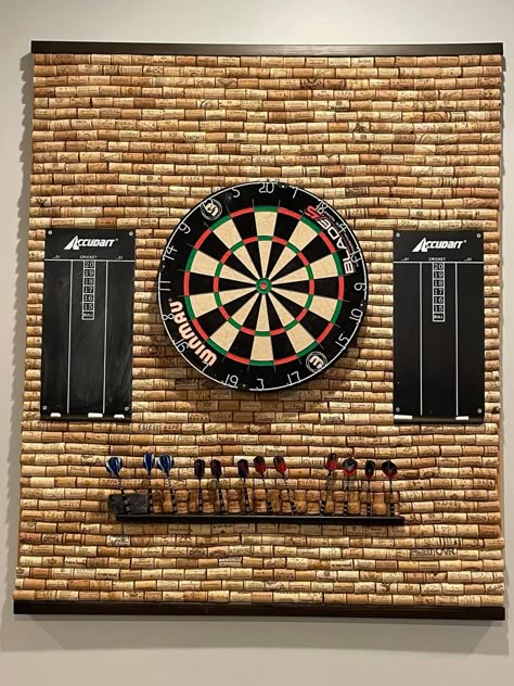 Dart Cork Board, Pub Style Basement, Wine Cork Dart Board, Dart Board Ideas, Dart Board Wall, Small Game Rooms, Cork Crafts Diy, Diy Projects Gifts, Garage Style