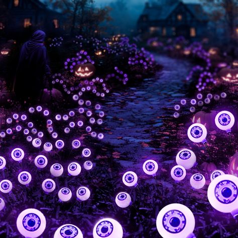 PRICES MAY VARY. Scary Solar Powered Halloween Props: Light up your backyard with our unique eyeball solar lights! These efficient spooky decorations charge during the day (6-8 hours) and glow at night (8-10 hours), adding a chilling charm to your Halloween setup. It’s perfect to create a haunted atmosphere with their purple lighting. High-quality Decorative Path Light: This ground lights set for outside is 30.31 inches high in total, and 18 inches or so when stick in lawn. Compared to others, o Halloween Decor Themes Outdoor, Halloween Witch Outdoor Decorations, Dark Driveway, Firefly Night, Halloween Solar Lights, Eyeball Design, Yard Path, Halloween Setup, Pathway Garden