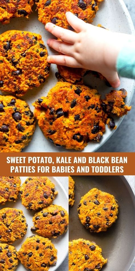 Beans For Babies, Bean Patties, Black Bean Patties, Sweet Potato Tots, Sweet Potato Patties, Weaning Foods, Veggie Patties, Easy Baby Food Recipes, Sweet Potato Kale