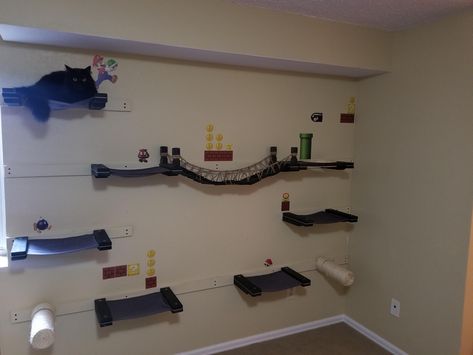 Super Mario Cat Wall, Mario Cat Wall, Gamer Basement, Super Mario Cat, Cat Inspiration, Cat Shelf, Diy Cat Tree, Cat Shelves, Feline Animals