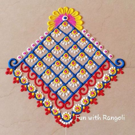 Diwali Rangoli Square, Square Rangoli Design Easy, Rangoli Designs Square, Square Rangoli Design For Diwali, Square Rangoli Design, Tulsi Puja, Square Rangoli, Rangoli Designs For Competition, Easy Rangoli Designs Videos