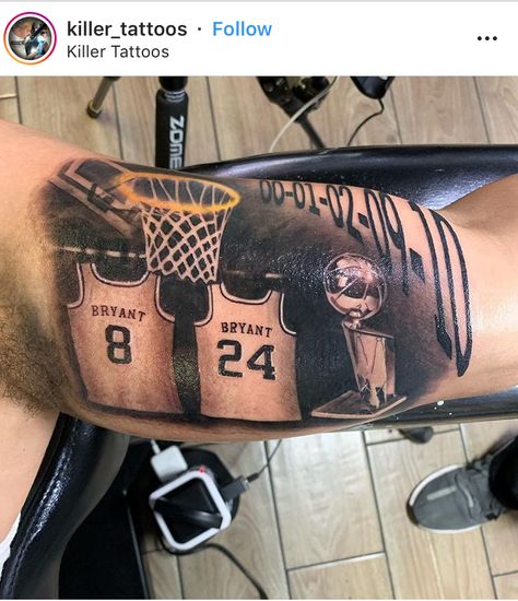 Kobe Bryant Tattoo Ideas, Kobe Bryant Tattoo, Kobe Tattoo, Jersey Tattoo, Back Ear Tattoo, Best Shoulder Tattoos, Leg Sleeve Ideas, Kobe Bryant Lakers, Brian Dawkins