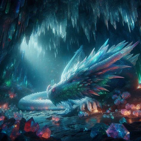 In a hidden cavern deep within the mountains, a crystal dragon slumbers. Its scales shimmer with iridescent hues, and its breath weaves spells into the air.🐉🔮 Iridescent Dragon, Sea Beast, Eastern Dragon, Crystal Dragon, Scales, The Mountain, Crystals, On Instagram, Quick Saves