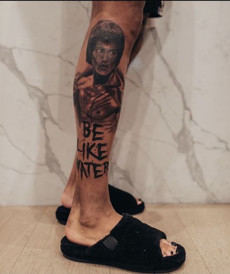 Bruce Lee Tattoo Ideas, Steve Wiebe Tattoo, Steve Wiebe, Bruce Lee Tattoo, Leg Sleeve Tattoo Male, Calf Sleeve Tattoo, Memorial Tattoo Ideas, Tat Inspiration, Tats Ideas