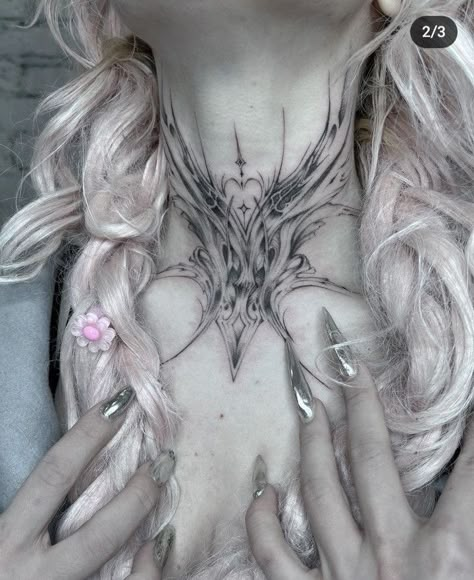 Tattoo Chest Woman, Throat Tattoo, Wicked Tattoos, Ornamental Tattoo, Makeup Tattoos, Dream Tattoos, Black Ink Tattoos, Elegant Tattoos, Piercings And Tattoos