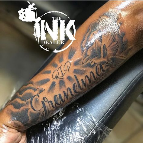 Rip Arm Tattoo Men, Forearm Cloud Tattoos, Putter Arm Tattoos, Rip Brother Tattoos For Men, Rip Tattoos For Men Forearm With Clouds, Rip Granny Tattoo, Rip Grandma Tattoo For Men Forearm, Granny Tattoo Ideas, Name Tattoo For Someone Who Passed