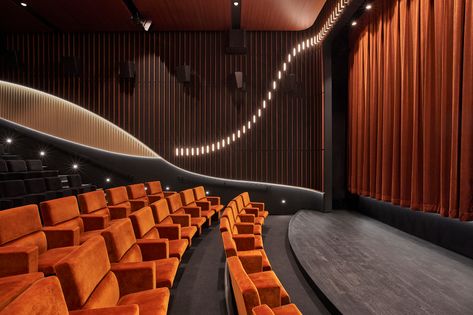 Motion Picture Association | Eventscape Curved Millwork, Cinema Room Design, Theatre Hall, Cinema Architecture, Millwork Wall, Auditorium Design, Auditorium Seating, Theater Architecture, Cinema Design