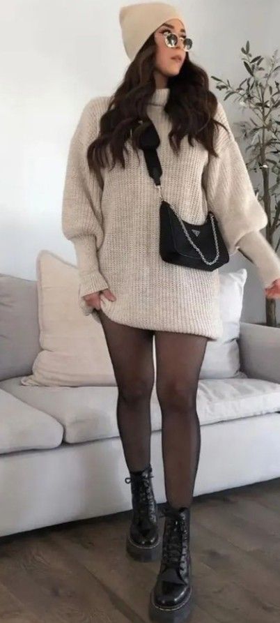 New Years Cozy Outfit, Sweater With Stockings Outfit, Sweater Dress With Stockings Tights, Going Out Outfits 2023 Winter, Casual Bday Outfits Winter, Dresses With Stockings Outfit Fall, Sweater Dress With Thigh High Socks, Knitted Sweaters Dress Outfit, Causal Party Outfits Winter