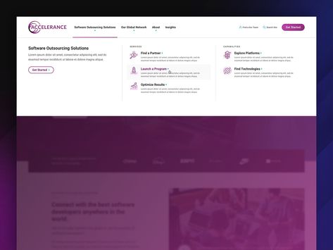 Accelerance - Mega Menu by Brian Lueck for Orbit Media Studios on Dribbble Mega Menu Design, Mega Menu, Column Design, Menu Design, Portfolio Design, Creative Professional, Icon Design, Product Launch, Web Design
