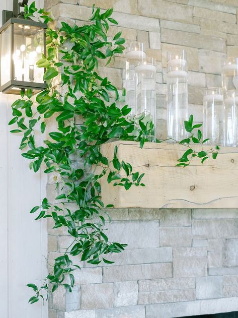 Mantle Greenery Wedding, Wedding Mantle Greenery And Candles, Wedding Fireplace Mantle, Head Table Greenery Garland With Candles, Fireplace Greenery, Sweetheart Table Candles, Smilax Greenery, Moss Candelabra Centerpiece, Wedding Mantle