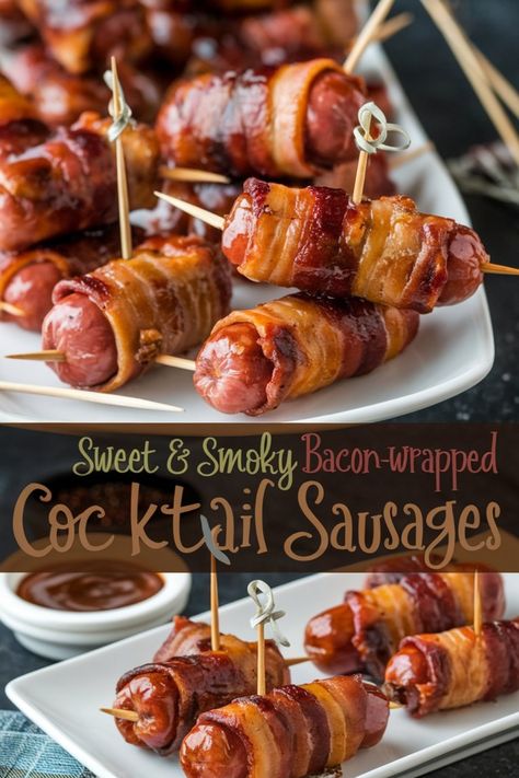 Bacon-wrapped cocktail sausages on a serving platter. Cocktail Sausage Wrapped In Bacon, Sausage And Bacon Appetizers, Bacon Wrapped Smokies In Crock Pot, Cocktail Weiner Recipes, Sausage Appetizers For Party, Sausage Wraps, Cocktail Sausage Recipes, Barbecue Sausage, Bacon Wrapped Recipes