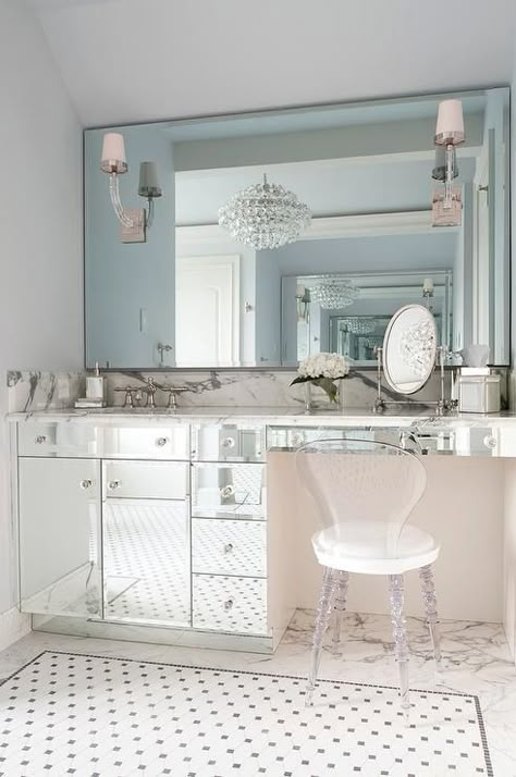 Glam bathroom features a nook filled with a mirrored washstand adorned with glass knobs topped with gray and white marble which continues into a makeup vanity paired with a lucite vanity chair under a full-length mirror illuminated by Crystal Cube Single Sconces. Bathroom Vanity Chair, Bathroom Vanity Stool, White Vanity Mirror, Glam Bathroom, Vanity Seat, Bathroom Features, Contemporary Vanity, Vanity Chair, White Vanity Bathroom