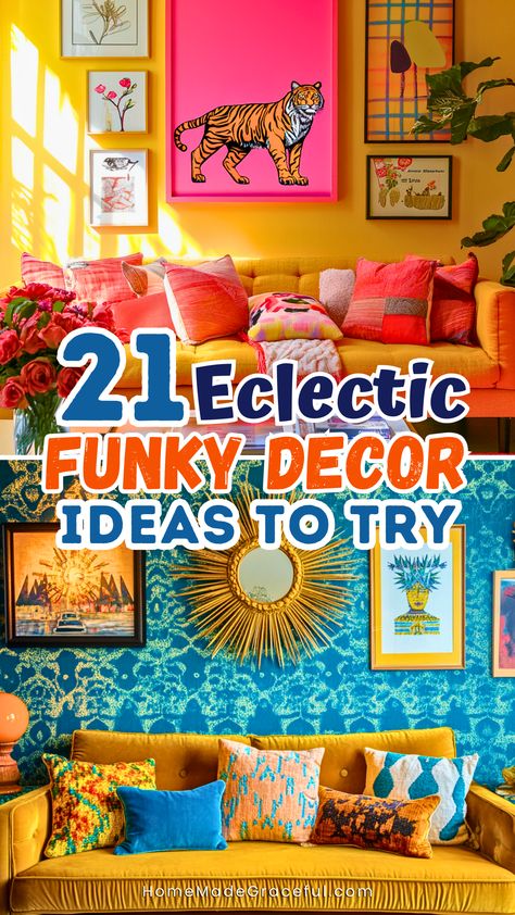 Dive into 21 inspiring funky eclectic decor ideas to infuse creativity and boldness into your home. Perfect for any space, from cozy bedrooms to stylish kitchens and colorful home offices. Experiment with mix-and-match styles, fun DIY projects, and unique furniture pieces. Add vibrant patterns, playful prints, or retro vibes to make your living room or bathroom stand out. These ideas will inspire you to create a space that's truly your own. Rockabilly Home Decor Diy, Funky Loft Decor, Maximalist Bedroom Wall Decor, Bright Eclectic Home, Eclectic Living Room Wall Decor, Kitsch Bedroom Ideas, Frida Kahlo Interior Design, Unhinged Home Decor, Funky Kitchen Decor Ideas