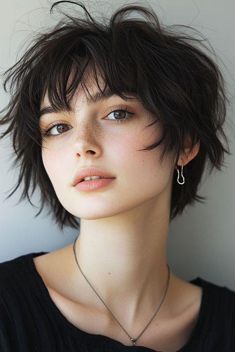 Messy Layered Short Hair, Short Hairstyles For Women Over 50 With Fine Wavy Hair, Shaggy Medium Hair With Bangs Round Face, Short Choppy Haircuts With Bangs, Short Haircut For Women With Bangs, Shaggy Short Bob With Bangs, Pixie Cut Curtain Bangs, Short Messy Hair Women, Short Stacked Hairstyles