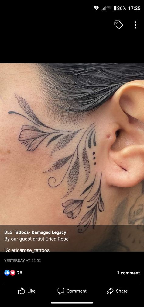 Hairline Tattoo Women, Elegant Face Tattoos For Women, Floral Face Tattoos, Side Of Face Tattoo Women, Small Sideburn Tattoo, Ear Face Tattoo, Side Face Tattoos For Women, Sideburn Tattoo Women, Bald Head Tattoo