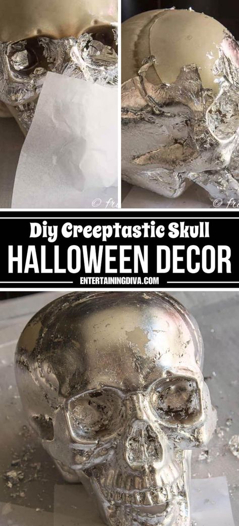 DIY Silver Leaf Skull Halloween Decor Diy Skull Decor, Glam Halloween Decor, Glam Halloween Party, Diy Halloween Bottles, Skull Halloween Decor, Elegant Halloween Party, Halloween Bottle Labels, Glam Halloween, Elegant Halloween Decor