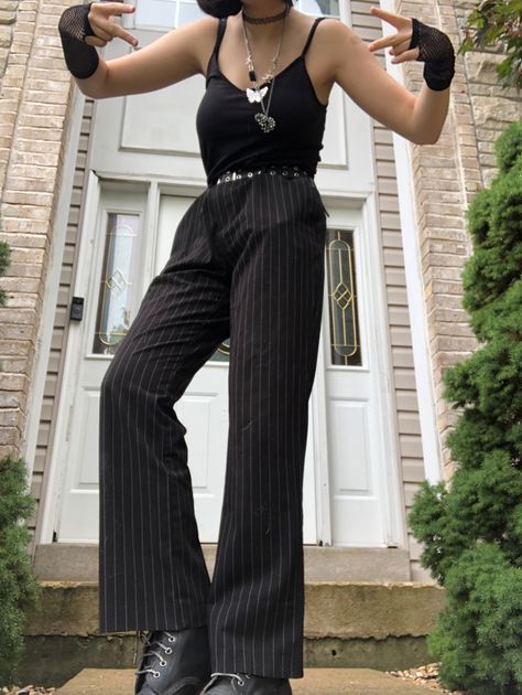 #gothic #fashion #emostyle #pinstripe #gothfashion #gothicfashion #cool #outfit Pinstripe Trousers Outfit Aesthetic, Pinstripe Aesthetic, Gothic Jumpsuit, Pinstripe Trousers Outfit, Pinstripe Blazer Outfit, Pinstripe Outfit, Pinstripe Pants Outfit, Flowy Pants Outfit, Hoco 2023